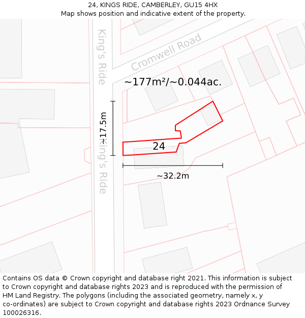 24, KINGS RIDE, CAMBERLEY, GU15 4HX: Plot and title map