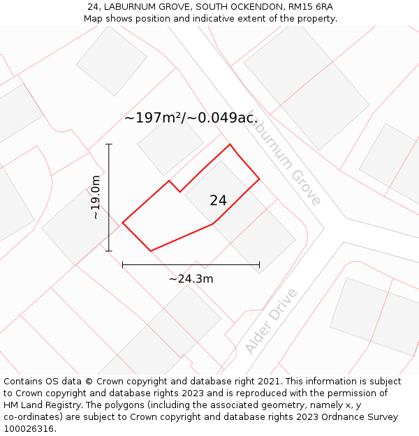 24, LABURNUM GROVE, SOUTH OCKENDON, RM15 6RA: Plot and title map