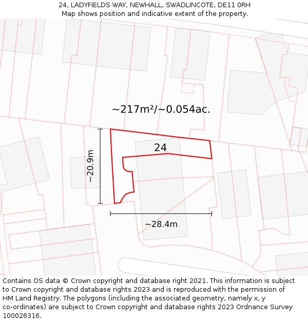 24, LADYFIELDS WAY, NEWHALL, SWADLINCOTE, DE11 0RH: Plot and title map