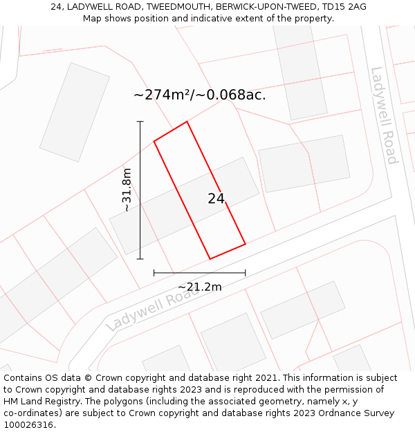 24, LADYWELL ROAD, TWEEDMOUTH, BERWICK-UPON-TWEED, TD15 2AG: Plot and title map