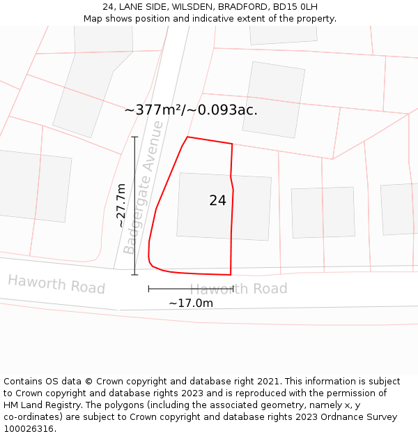 24, LANE SIDE, WILSDEN, BRADFORD, BD15 0LH: Plot and title map