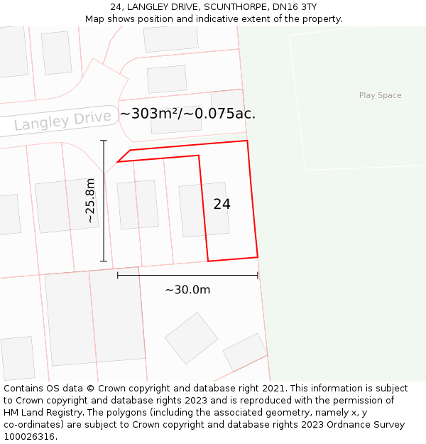 24, LANGLEY DRIVE, SCUNTHORPE, DN16 3TY: Plot and title map