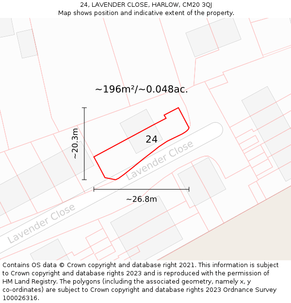 24, LAVENDER CLOSE, HARLOW, CM20 3QJ: Plot and title map