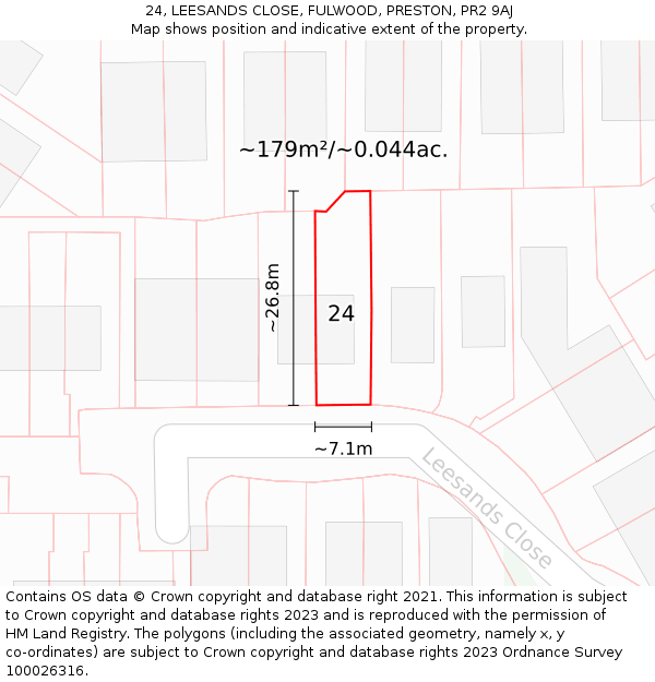 24, LEESANDS CLOSE, FULWOOD, PRESTON, PR2 9AJ: Plot and title map