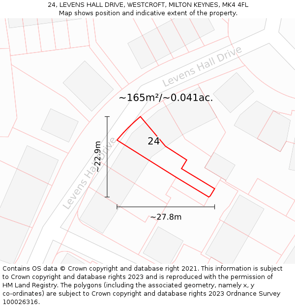 24, LEVENS HALL DRIVE, WESTCROFT, MILTON KEYNES, MK4 4FL: Plot and title map