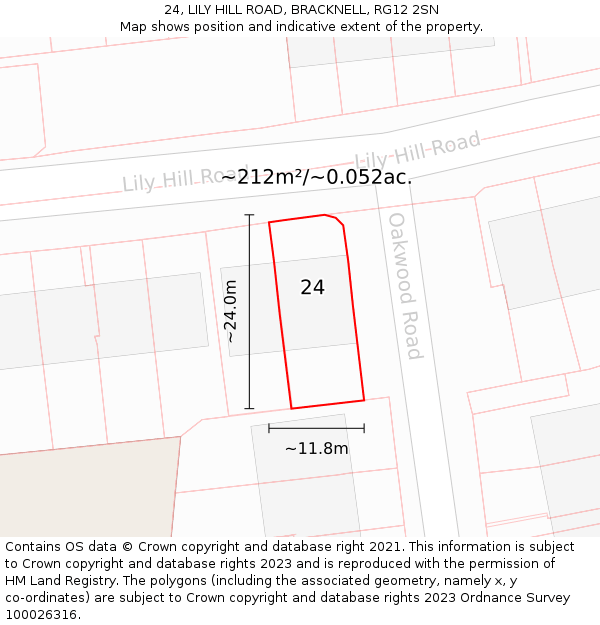 24, LILY HILL ROAD, BRACKNELL, RG12 2SN: Plot and title map