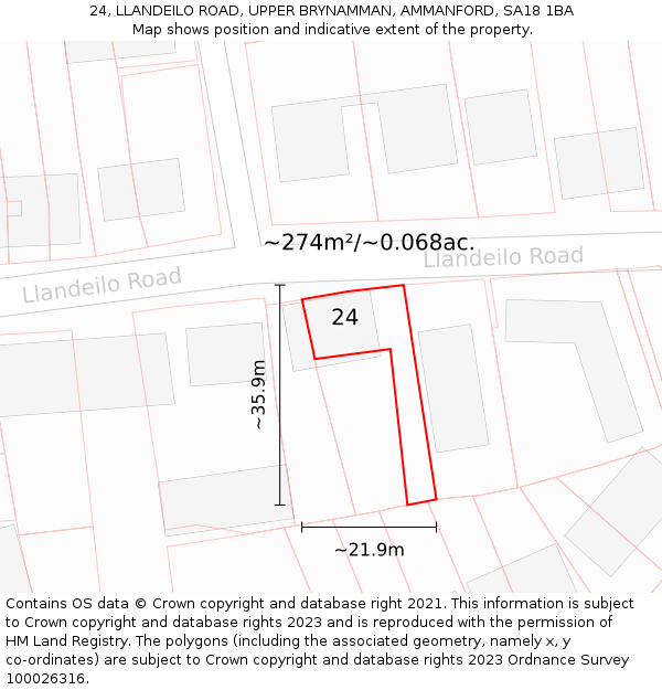 24, LLANDEILO ROAD, UPPER BRYNAMMAN, AMMANFORD, SA18 1BA: Plot and title map