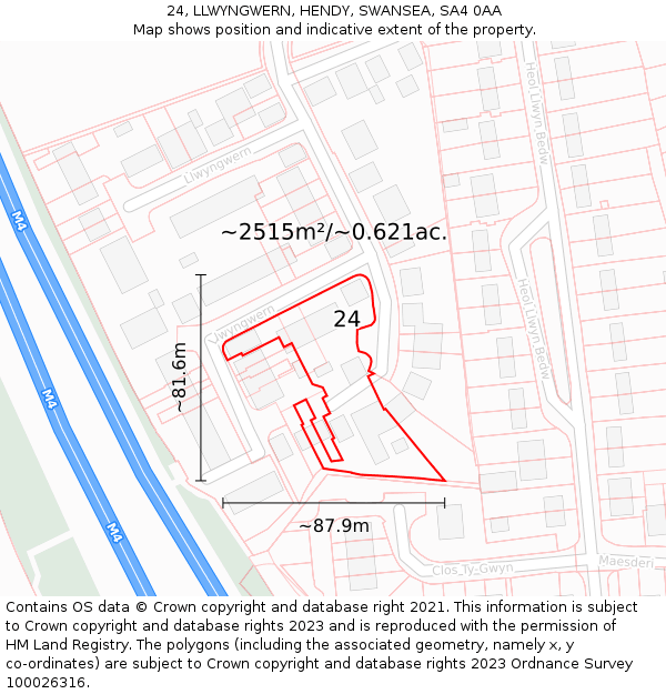 24, LLWYNGWERN, HENDY, SWANSEA, SA4 0AA: Plot and title map