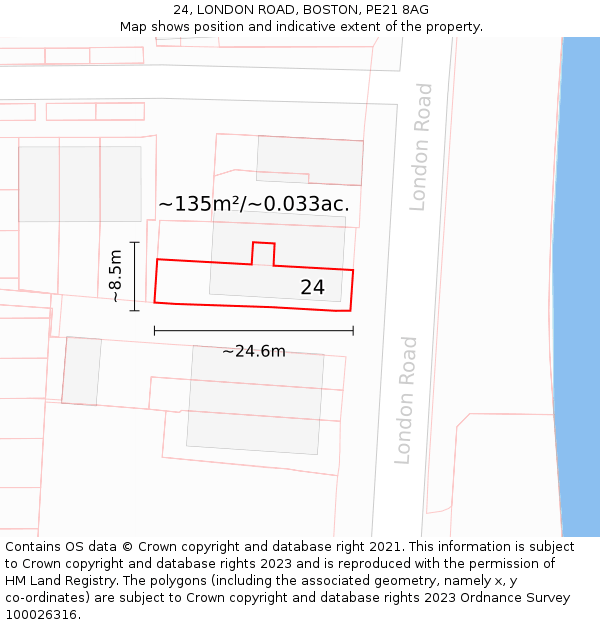 24, LONDON ROAD, BOSTON, PE21 8AG: Plot and title map