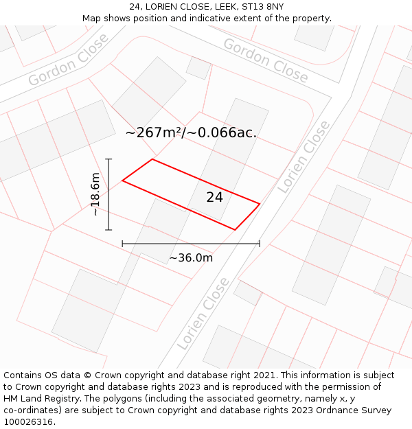 24, LORIEN CLOSE, LEEK, ST13 8NY: Plot and title map