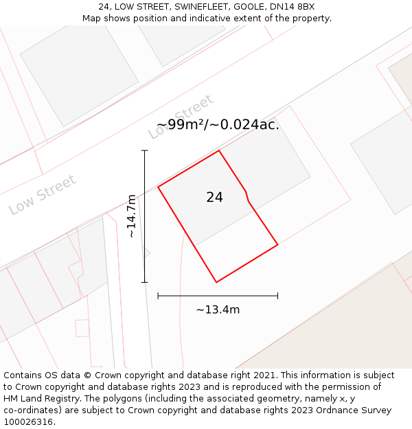 24, LOW STREET, SWINEFLEET, GOOLE, DN14 8BX: Plot and title map