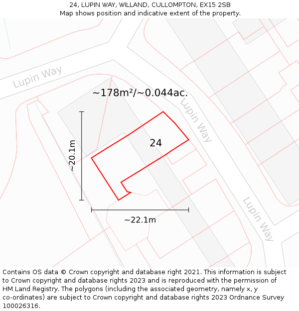 24, LUPIN WAY, WILLAND, CULLOMPTON, EX15 2SB: Plot and title map