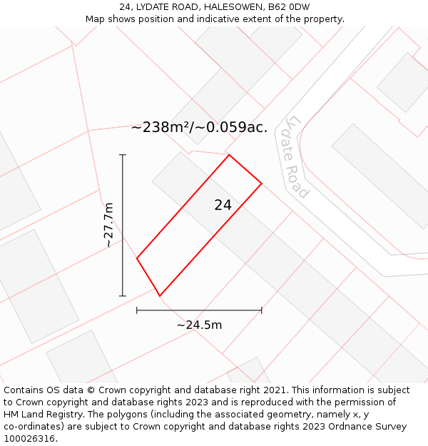 24, LYDATE ROAD, HALESOWEN, B62 0DW: Plot and title map