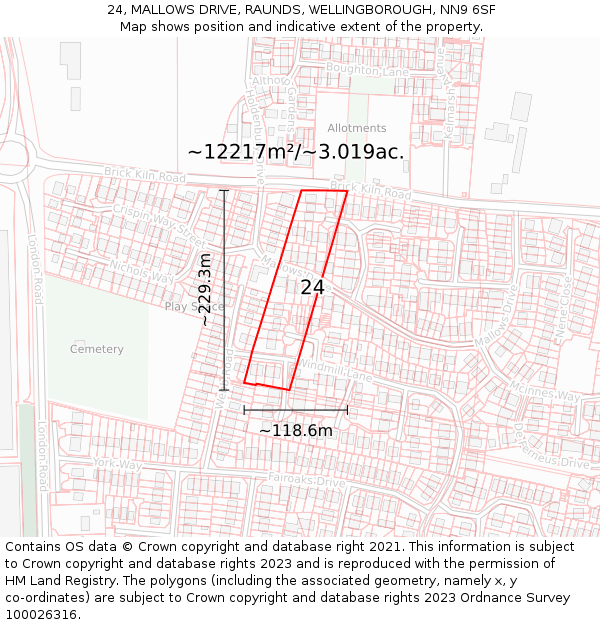 24, MALLOWS DRIVE, RAUNDS, WELLINGBOROUGH, NN9 6SF: Plot and title map