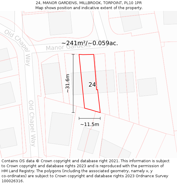 24, MANOR GARDENS, MILLBROOK, TORPOINT, PL10 1PR: Plot and title map