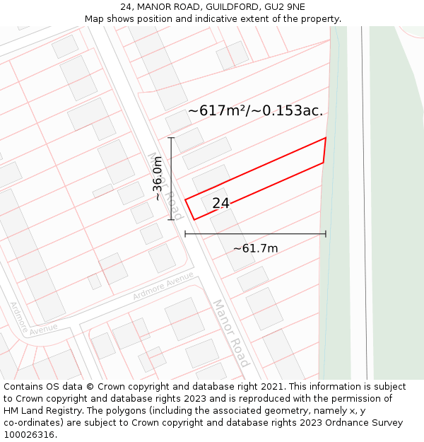 24, MANOR ROAD, GUILDFORD, GU2 9NE: Plot and title map