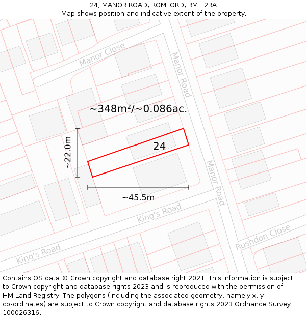 24, MANOR ROAD, ROMFORD, RM1 2RA: Plot and title map
