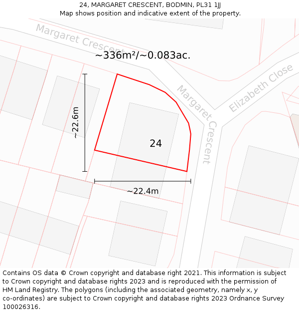 24, MARGARET CRESCENT, BODMIN, PL31 1JJ: Plot and title map