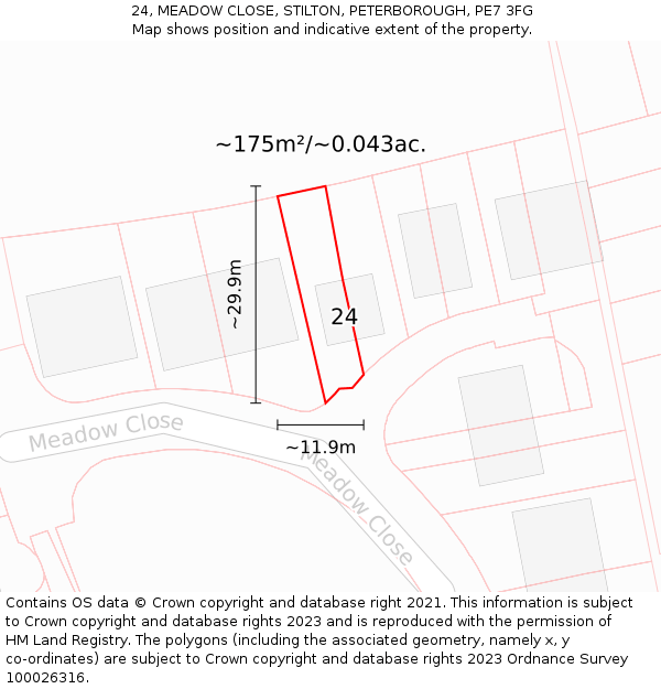 24, MEADOW CLOSE, STILTON, PETERBOROUGH, PE7 3FG: Plot and title map