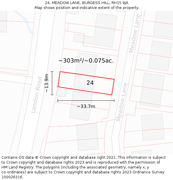 24, MEADOW LANE, BURGESS HILL, RH15 9JA: Plot and title map