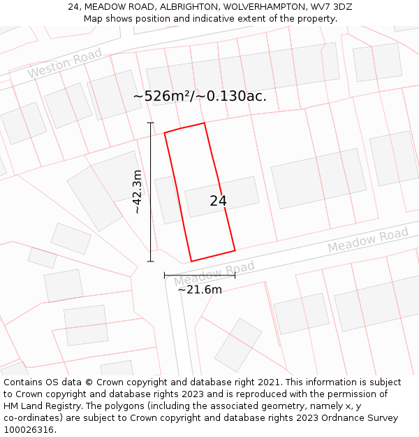 24, MEADOW ROAD, ALBRIGHTON, WOLVERHAMPTON, WV7 3DZ: Plot and title map