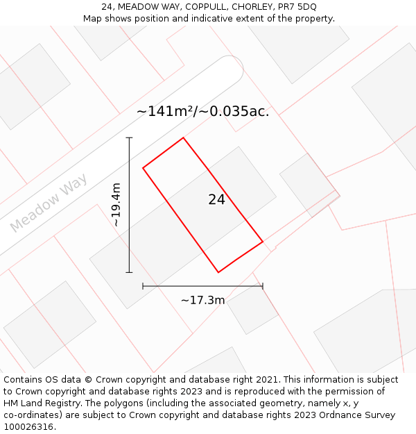 24, MEADOW WAY, COPPULL, CHORLEY, PR7 5DQ: Plot and title map