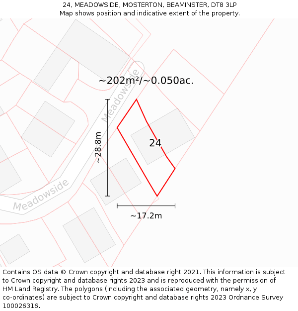 24, MEADOWSIDE, MOSTERTON, BEAMINSTER, DT8 3LP: Plot and title map