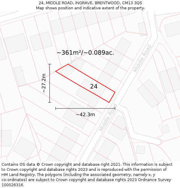 24, MIDDLE ROAD, INGRAVE, BRENTWOOD, CM13 3QS: Plot and title map