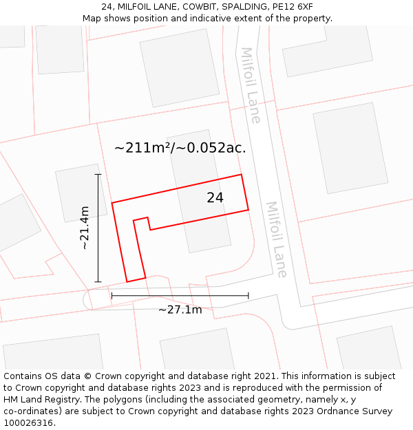 24, MILFOIL LANE, COWBIT, SPALDING, PE12 6XF: Plot and title map