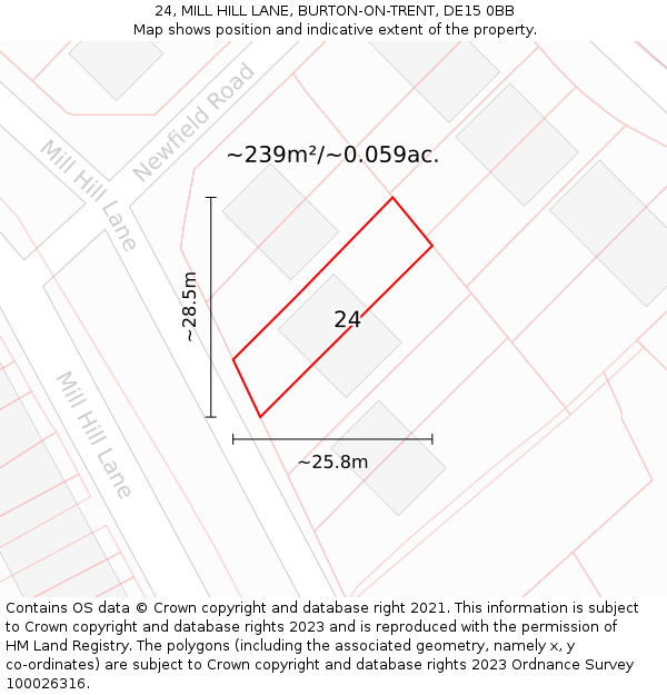 24, MILL HILL LANE, BURTON-ON-TRENT, DE15 0BB: Plot and title map