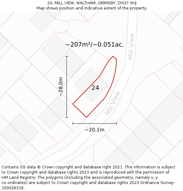 24, MILL VIEW, WALTHAM, GRIMSBY, DN37 0HJ: Plot and title map