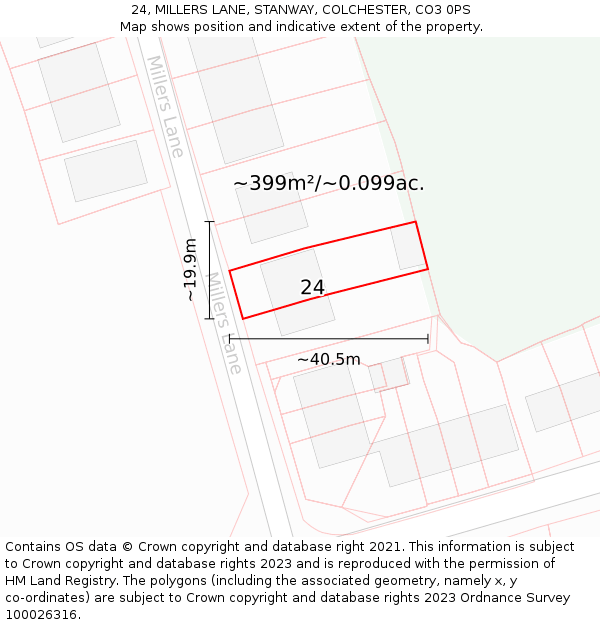 24, MILLERS LANE, STANWAY, COLCHESTER, CO3 0PS: Plot and title map