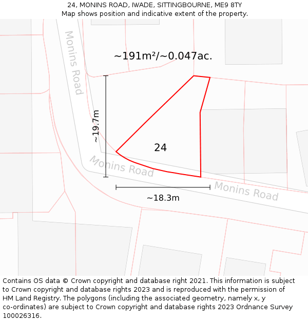 24, MONINS ROAD, IWADE, SITTINGBOURNE, ME9 8TY: Plot and title map