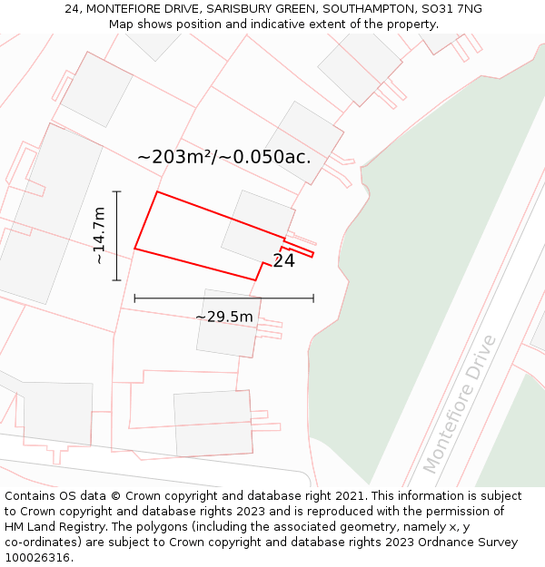 24, MONTEFIORE DRIVE, SARISBURY GREEN, SOUTHAMPTON, SO31 7NG: Plot and title map