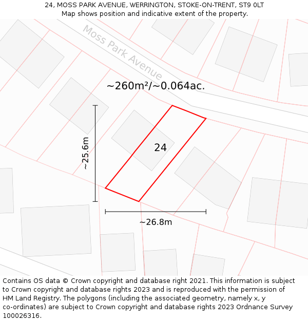 24, MOSS PARK AVENUE, WERRINGTON, STOKE-ON-TRENT, ST9 0LT: Plot and title map