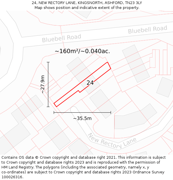 24, NEW RECTORY LANE, KINGSNORTH, ASHFORD, TN23 3LY: Plot and title map