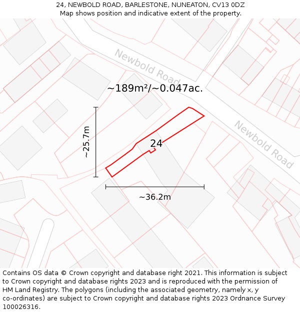 24, NEWBOLD ROAD, BARLESTONE, NUNEATON, CV13 0DZ: Plot and title map