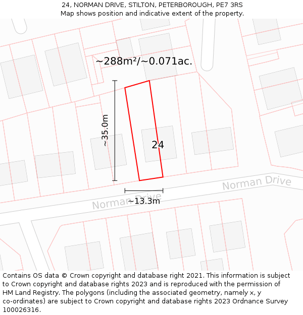 24, NORMAN DRIVE, STILTON, PETERBOROUGH, PE7 3RS: Plot and title map