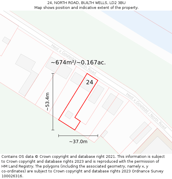 24, NORTH ROAD, BUILTH WELLS, LD2 3BU: Plot and title map