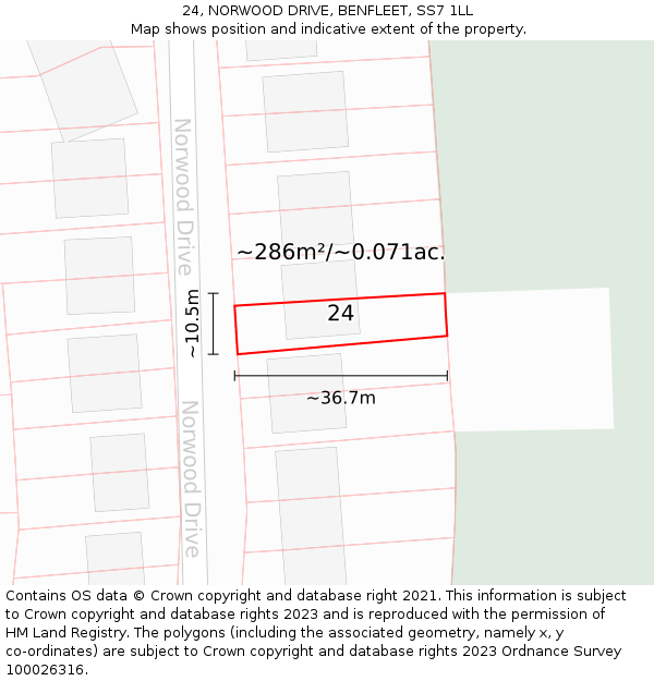 24, NORWOOD DRIVE, BENFLEET, SS7 1LL: Plot and title map