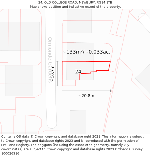 24, OLD COLLEGE ROAD, NEWBURY, RG14 1TB: Plot and title map