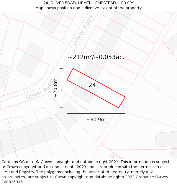 24, OLIVER ROAD, HEMEL HEMPSTEAD, HP3 9PY: Plot and title map