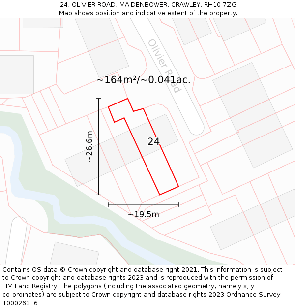 24, OLIVIER ROAD, MAIDENBOWER, CRAWLEY, RH10 7ZG: Plot and title map