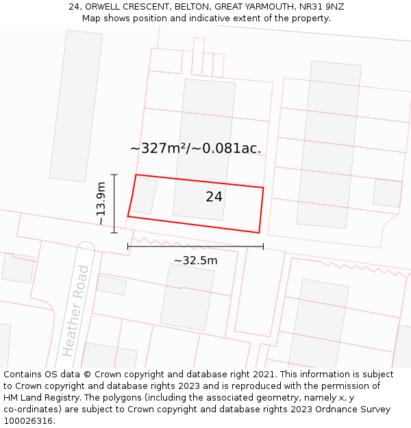 24, ORWELL CRESCENT, BELTON, GREAT YARMOUTH, NR31 9NZ: Plot and title map