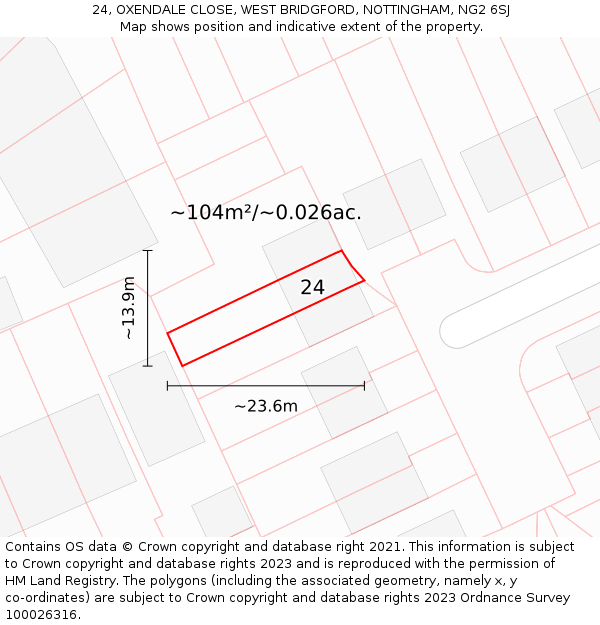 24, OXENDALE CLOSE, WEST BRIDGFORD, NOTTINGHAM, NG2 6SJ: Plot and title map