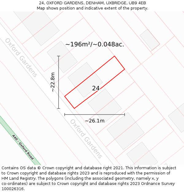 24, OXFORD GARDENS, DENHAM, UXBRIDGE, UB9 4EB: Plot and title map