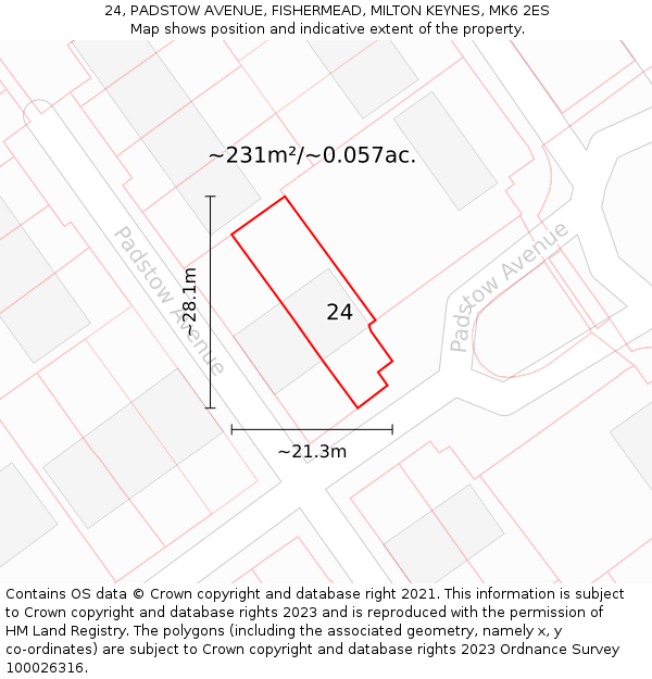 24, PADSTOW AVENUE, FISHERMEAD, MILTON KEYNES, MK6 2ES: Plot and title map