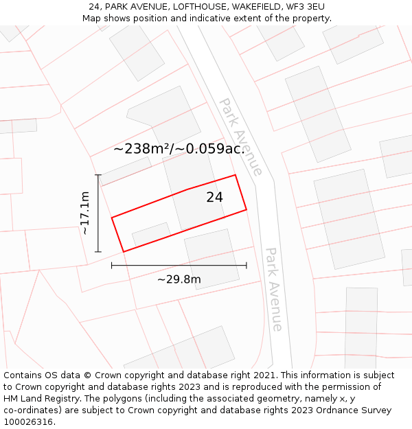 24, PARK AVENUE, LOFTHOUSE, WAKEFIELD, WF3 3EU: Plot and title map