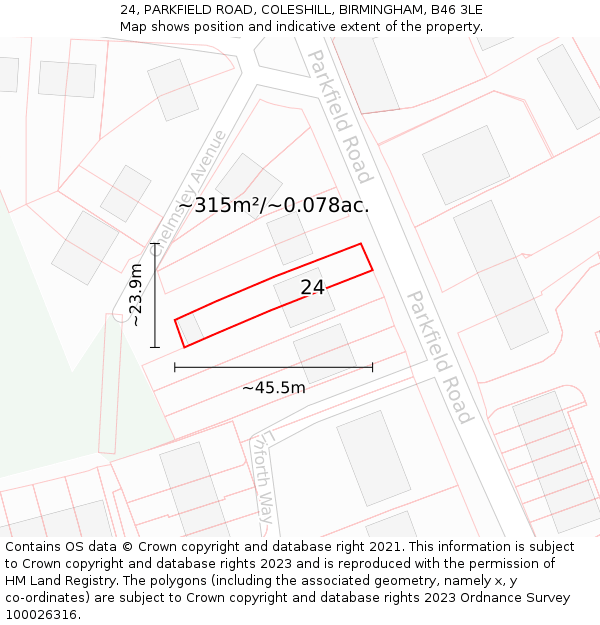 24, PARKFIELD ROAD, COLESHILL, BIRMINGHAM, B46 3LE: Plot and title map