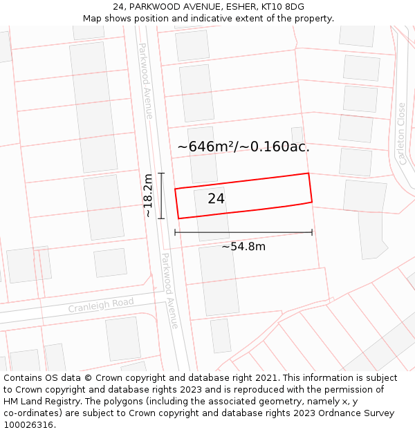 24, PARKWOOD AVENUE, ESHER, KT10 8DG: Plot and title map